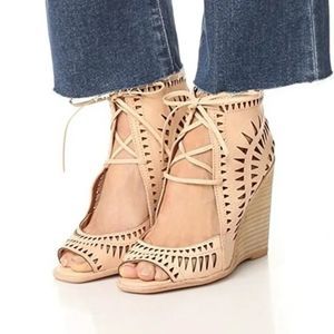 Jeffrey Campbell Rodillo Lazer Cut Beige Nubuck Wedge Lace Up‎ Sandals Size 6 M